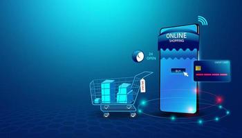 Abstract online shopping concept Online shopping Via equipment Click through the website. And pay by credit card Modern innovation In the spending of people on the internet vector