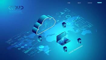 Abstract cloud technology with notebook and interface concept Connection by collecting data in the cloud With large data storage systems around the world. vector