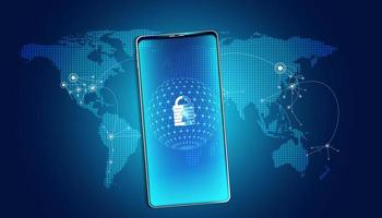 abstract padlock cyber security with smartphone and map world concept Protection of information in the online world, cyber personal information, internet, preventing internet theft vector