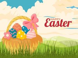 Happy Easter Background With Basket Of Eggs On Meadow vector