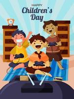 Happy Children's Day With Kids Playing Games on Television vector