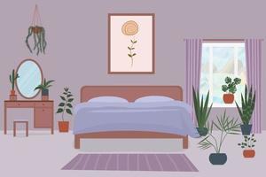 Cozy bedroom interior in trendy color very peri. Vector illustration in a flat style.