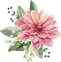 Bouquet with pink chrysanthemum flower and green plants watercolor illustration, hand painted. vector