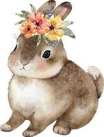 Cute brown rabbit with a wreath of flowers on his head, hand-colored watercolor illustration.