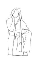 Continuous line drawing of a female sitting with her acoustic guitar. Dynamic musician artist performance concept single line graphic draw design vector illustration