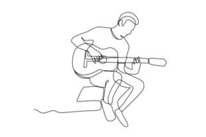 dibujo de línea continua de un guitarrista masculino sentado tocando la guitarra. Ilustración de vector de diseño de dibujo gráfico de línea única de concepto de rendimiento de artista de músico dinámico