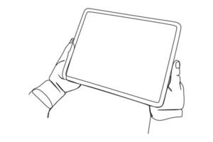 Continuous line hands with tablet computer gadgets. One line businessman hands using phones laptop and tablet. Vector hand drawn