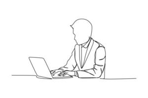 Continuous line drawing of a businessman working with computer laptop. One line business and technology hand drawn vector
