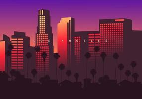 Los Angeles skyline at golden hour, California, USA. Skyscrapers in the downtown with beautiful colorful reflections. Original vector illustration