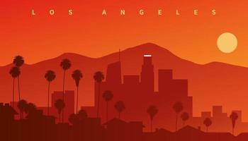 Downtown Los Angeles at sunset. Skyline silhouette with mountains in the background and palms in the foreground, California, USA vector