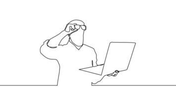 Continue with the line art. A shocked and confused man in eyeglasses looks at his laptop screen. vector