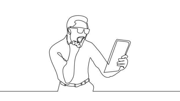 continuar con el arte lineal. un joven feliz hace un gesto ganador con su tableta. vector