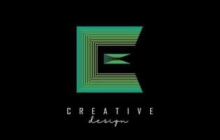 Letter E logo with colorful gradient lines. Vector illustration with geometric typography.