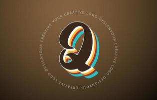 Letter Q logo with retro pop art design. Handwritten letter with vintage typeface and rounded text frame. vector