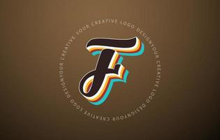 Letter F logo with retro pop art design. Handwritten letter with vintage typeface and rounded text frame. vector