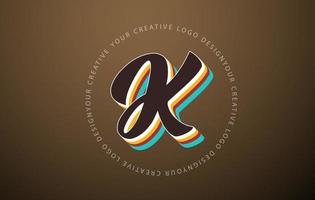 Letter K logo with retro pop art design. Handwritten letter with vintage typeface and rounded text frame. vector
