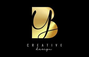 Golden letters BY Logo with a minimalist design and negative space. Letters B and Y with geometric and handwritten typography. vector