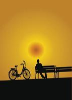 silhouette of a man with bike bench on sunset vector