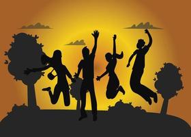 Silhouettes of friends jumping in the sunset vector