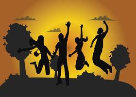 Silhouettes of friends jumping in the sunset vector