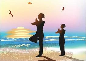 Yoga Poses Silhouettes on a beach vector