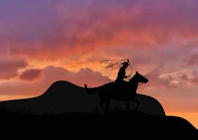 Silhouette Of Cowboy With Lasso On Rearing Horse vector