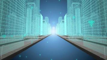 mundo de bucle digital tecnología de construcción abstracta ciudad inteligente para negocios inteligentes. video