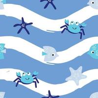 Blue wave sea animals seamless pattern Print vector