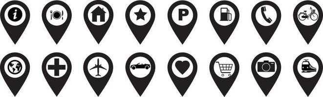 Set pointers, parking, restaurants, hospitals, supermarkets, telephones, stars, terminals, hotels, stations, bicycles, heart, camera house, airplane. Location icon map pin pointer. Navigation pointer vector