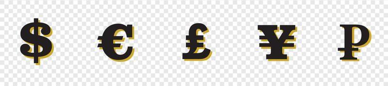 Currency icon. Vector isolated icons or signs. Dollar yuan euro pound rubles signs or symbols. Finance, business currency exchange. Money currency icon. Black vector currency elements.