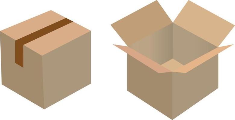 Realistic cardboard box set, opened and closed top view