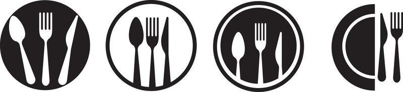 conjunto de iconos de cuchara, tenedor, cuchillo y plato, logotipo de menú, silueta de cubiertos. Ilustración de vector de vajilla