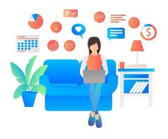 Flat illustration of woman working from home with laptop vector