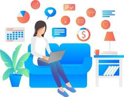 Flat illustration of woman working from home with laptop vector