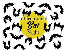 International Bat Night. A flock of bats in various poses. Flying vampires against the background of a yellow moon. Black silhouette of nocturnal bloodsucker animals. Illustration in support of bats. vector