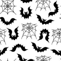 Bats fly around the cobweb. Seamless vector pattern in flat style. Hand-drawn doodle. Black silhouettes of flying vampires and a spider web outline on a white background. Monochrome. Halloween design.