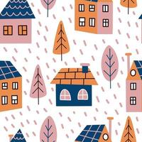 Cute cozy houses seamless vector pattern. Illustration in Scandinavian style on a white background. Colorful little buildings among the trees. Rustic primitive. Hand-drawn doodle. Flat style.