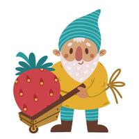 Little garden gnome with strawberry vector icon. Hand drawn illustration isolated on white background. Cute old dwarf harvesting, transporting red berry in a cart. Flat cartoon style