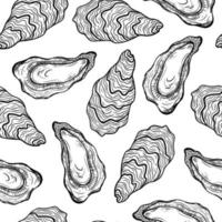 Oyster seamless vector pattern. Open and closed shells of an edible clam. Hand drawn doodle bivalve molluscs. Black outline of a seafood delicacy. Food sketch on a white background. Monochrome.