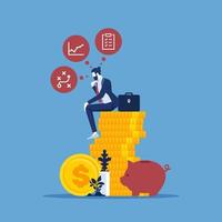 Businessman sitting on stack of coins and research market and search solutions and strategies during financial and economic crisis to avoid bankruptcy and ways of company business recovery vector