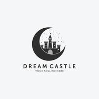 luna sueño castillo logo vector diseño vintage ilustración, luna perfecta, hermoso sueño castillo