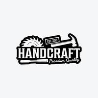 Handcraft with Carpentry Logo Vector Design , Hexagon Various Machine Saw and Circle Chainsaw and Stack Lumber Tree Trunk with Illustration Vintage Logo