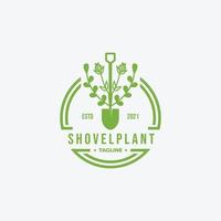 Green Shovel Environment Vintage Logo, Vector Illustration Design of Evergreen Catnip Garden Concept