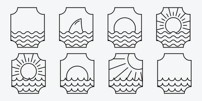 Conjunto de logotipo de arte de línea de onda oceánica marina, vector de ilustración de agua de mar, diseño de emblema del concepto marítimo, logotipo de agua del Pacífico