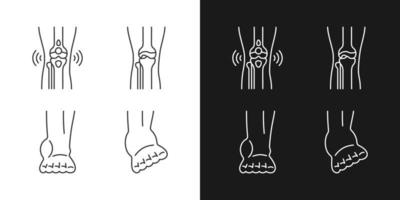 Iconos lineales de dolor de pierna de artritis establecidos para modo oscuro y claro. enfermedad degenerativa de las articulaciones. condición de bursitis. símbolos de línea fina personalizables. ilustraciones aisladas de contorno vectorial. trazo editable vector