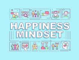 Happiness mindset word concepts banner. Positive thinking. Infographics with linear icons on blue background. Isolated creative typography. Vector outline color illustration with text