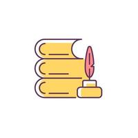 Literature RGB color icon. Writing, reading books. Pile of books, quill, ink pot. Literature lessons in school, universities. Isolated vector illustration. Simple filled line drawing