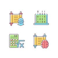 Humanities and applied subjects RGB color icons set. History, philosophy lesson. Algebra, IT classes in educational institutions. Isolated vector illustrations. Simple filled line drawings collection