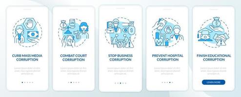 Corruption prevention onboarding blue mobile app page screen. Stop bribery walkthrough 5 steps graphic instructions with concepts. UI, UX, GUI vector template with linear color illustrations