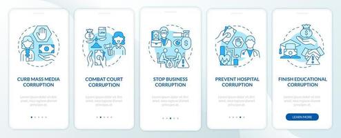 prevención de la corrupción incorporando la pantalla de la página de la aplicación móvil azul. detener el soborno tutorial 5 pasos instrucciones gráficas con conceptos. ui, ux, plantilla vectorial gui con ilustraciones en color lineal vector
